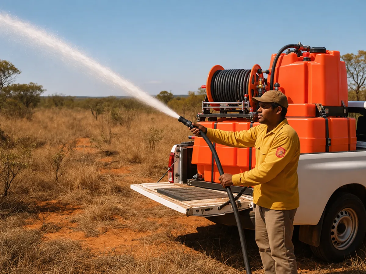 Brigadista operando bomba motorizada com tanque 600L alta autonomia de combate