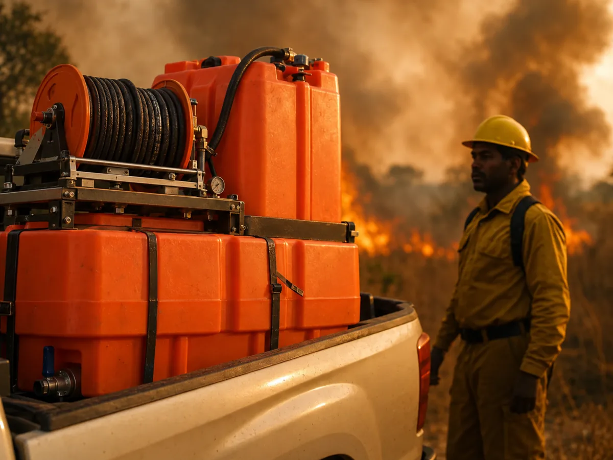 Tanque rotomoldado resistente ao calor em operação de combate a incêndio florestal